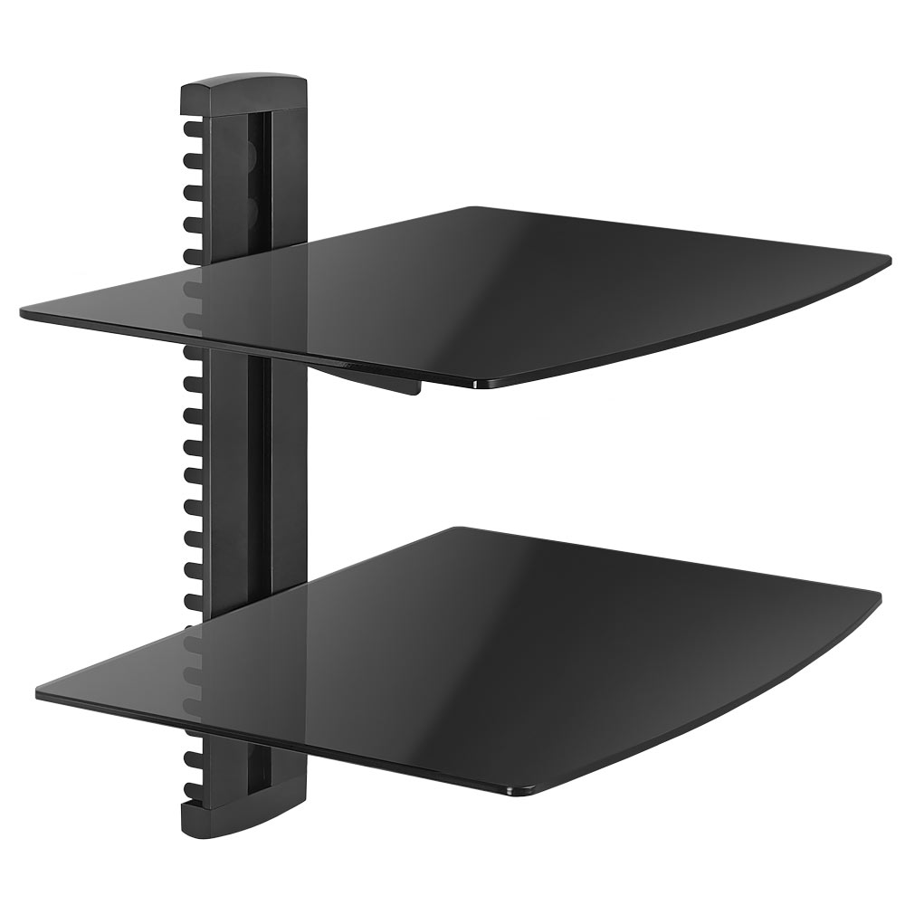 Adjustable 2 Shelf Floating Wall Mount Tempered Glass Double Shelves for DVD Player, Gaming Consoles, TV Box, Cable Box, Projector and other AV Components up to 17lbs - Two Shelves, Black