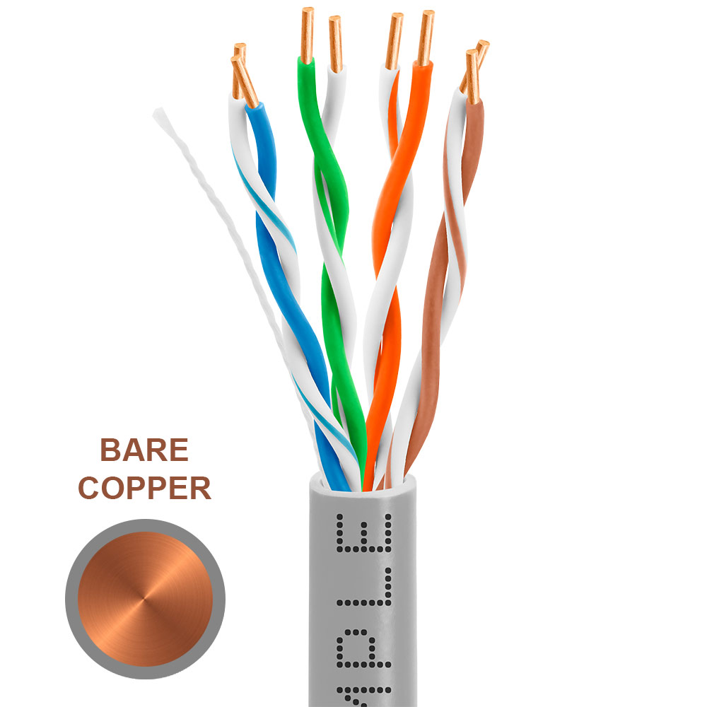 Cat5e 1000ft Riser Ethernet Cable Gray | Solid Bare Copper | CMR, 24AWG