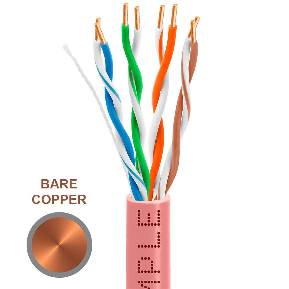 Cat5e 1000ft Riser Ethernet Cable Pink| Solid Bare Copper | CMR, 24AWG