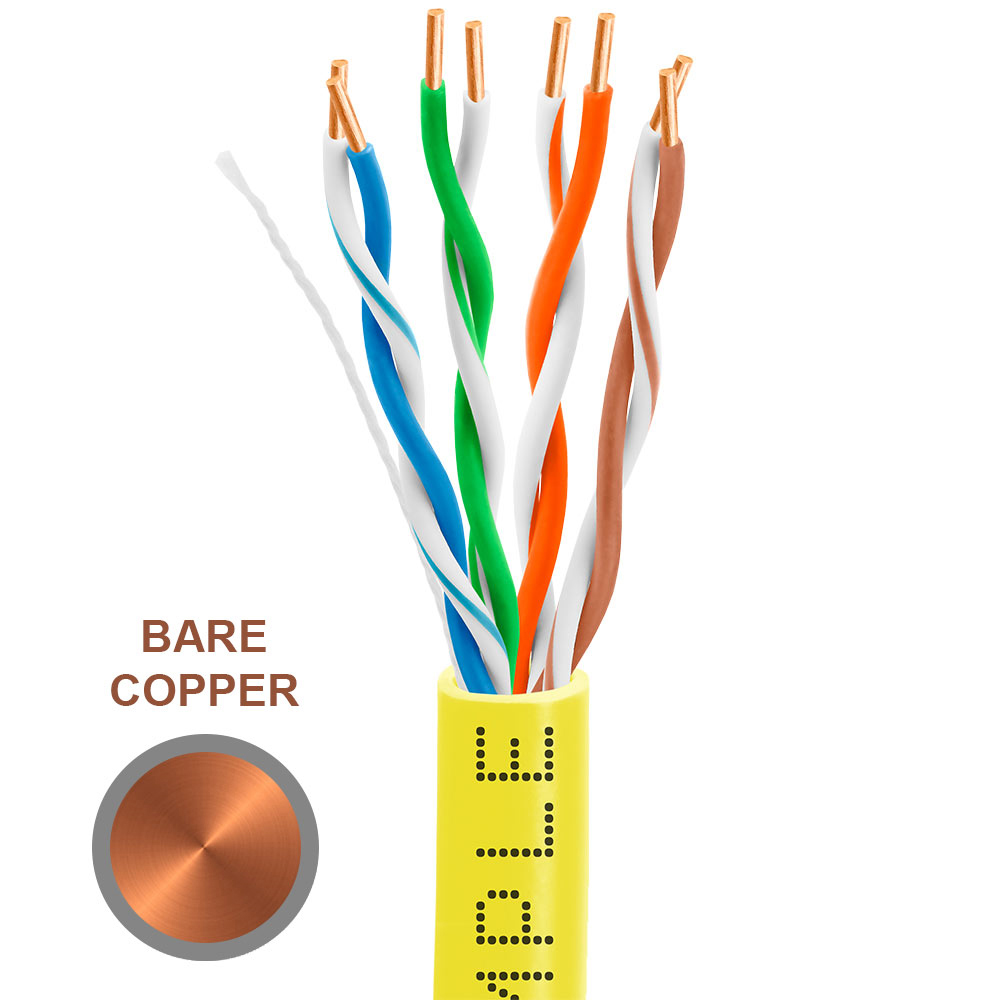 Cat5e 1000ft Riser Ethernet Cable Yellow | Solid Bare Copper | CMR, 24AWG