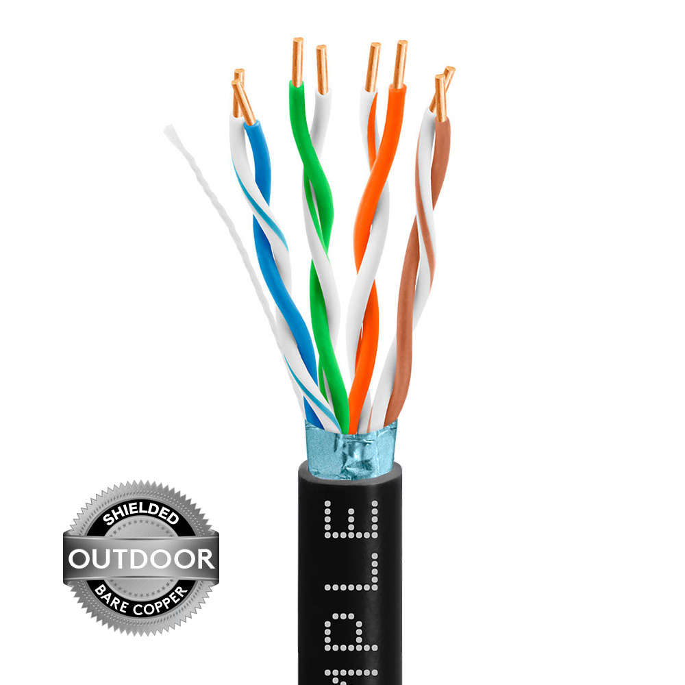 1000ft Cat5e Outdoor Ethernet Cable Black | Shielded | Bare Copper | CMX