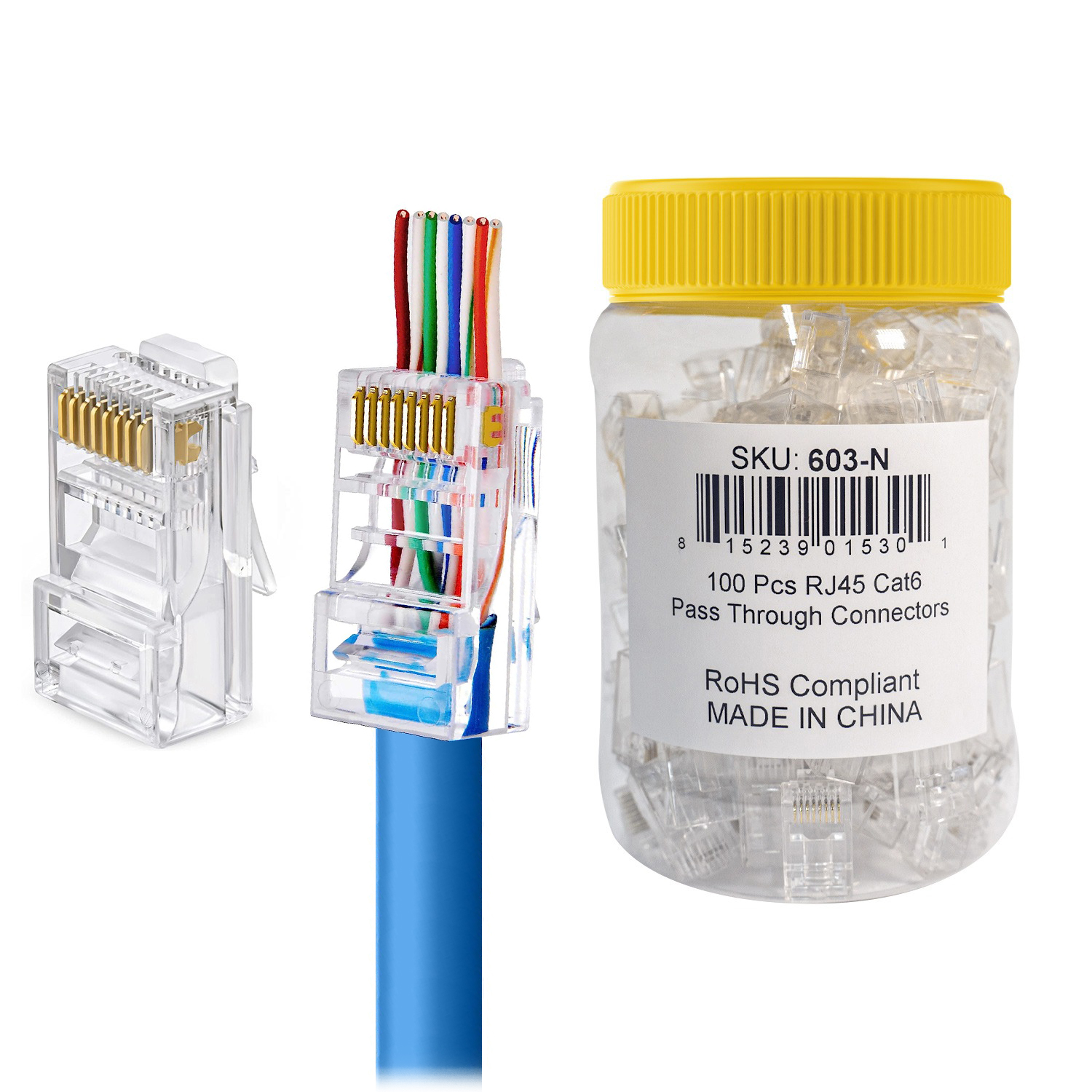 100 Piece - RJ45 Cat5 Cat5e Cat6  Pass-Through one-Piece Ethernet Network & Internet Connector RJ45 Plugs for IP Camera, CCTV and Security Installation