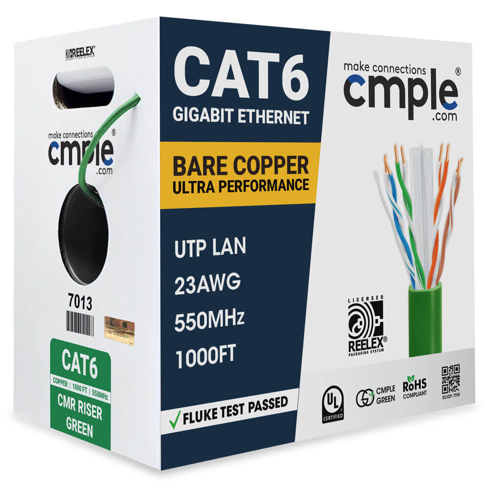 Cat 6 Riser Ethernet Cable Green | UL, CMR, 23AWG | Bare Copper 1000ft