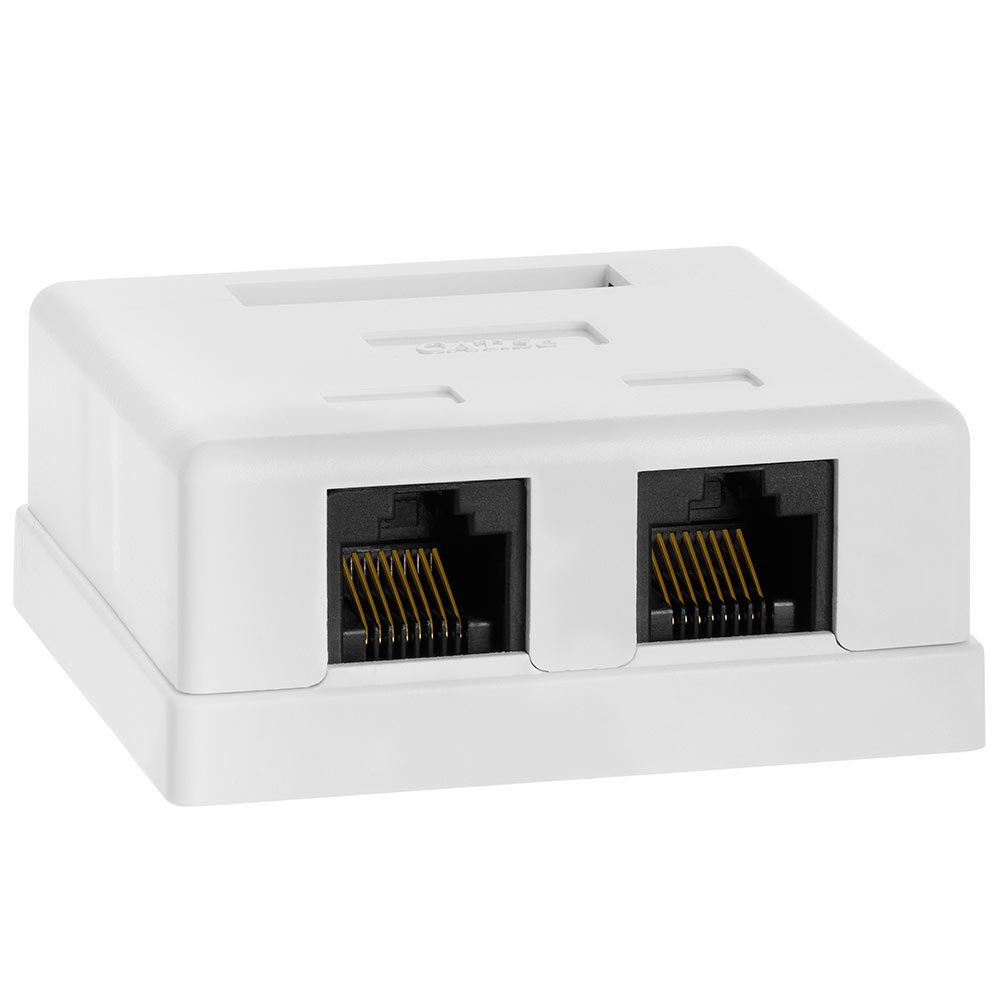 2 Port Cat5e Surface Mount Box, RJ45 Cat5 Dual Port Surface Mount Box for Ethernet Cables, Screws and Double-Side Tape Included, Easy Mount – White