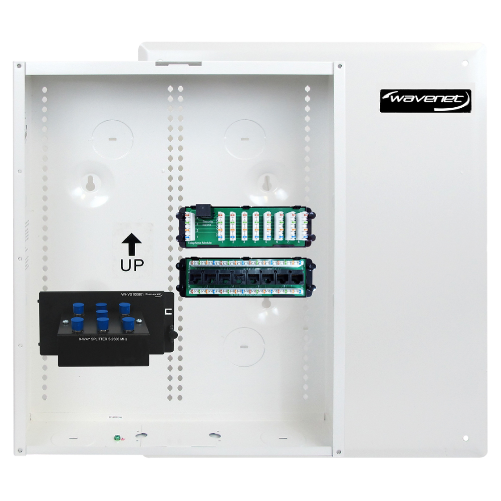 Wavenet – 18” Structured Wiring Enclosure Combo Kit with Three Modules: 8‐Port Cat6 Data, 8-Port Voice Module & 6‐port 2 GHz Video Splitter